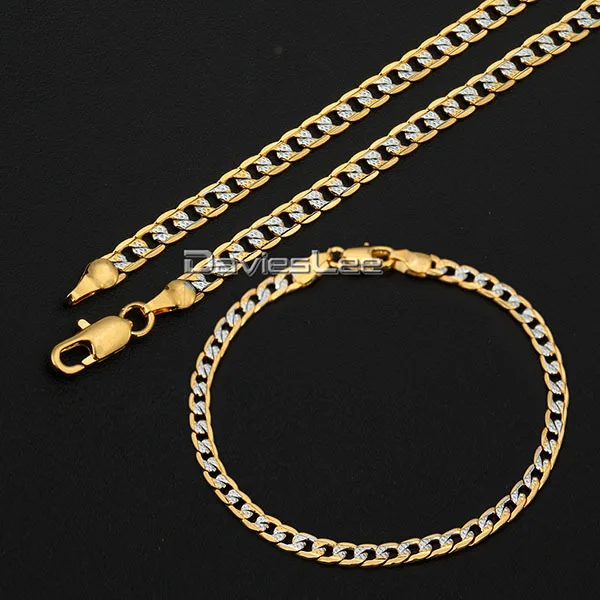 

4mm Mens Womens Chain Yellow Gold Color Necklace Bracelet Hammered Curb Chain Necklace Jewelry Set DLGS65