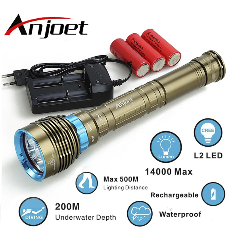 Anjoet 70W 3-Mode 14000LM XM 7x L2 T6 LED Scuba Diving Flashlight Torch 200M Underwater Waterproof Light Lantern 18650 or 26650