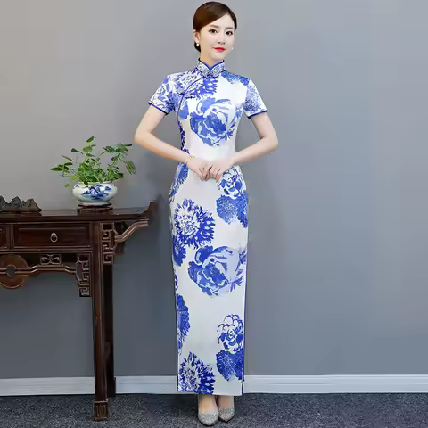4XL 5XL Party Dress Chinese Blue White Porcelain Cheongsam Womens Elegant Qipao Evening Dress Slim Long Robe Vestido