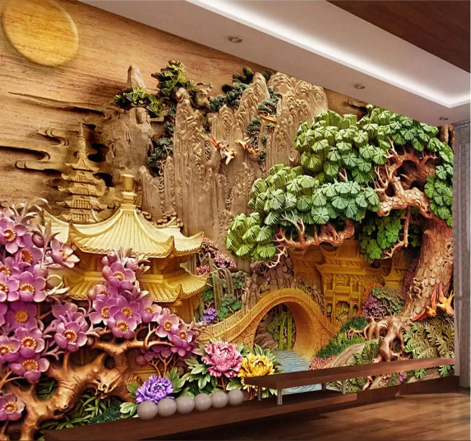 

Custom Wallpaper Home Furnishings Mural Reliefs Pavilions Welcoming Pine TV Wall Background Wall decoration 3d wallpaper