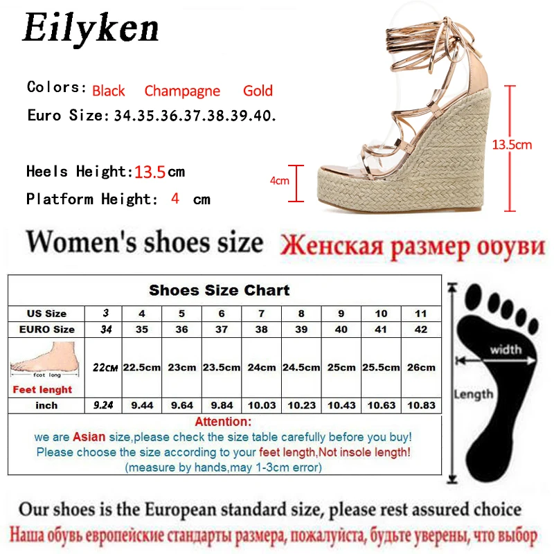 Eilyken Champagne Gold Wedges Sandals Women Lace-Up Peep Toe Summer High Heels Elegant Ankle Strap Shoes Large Size 42