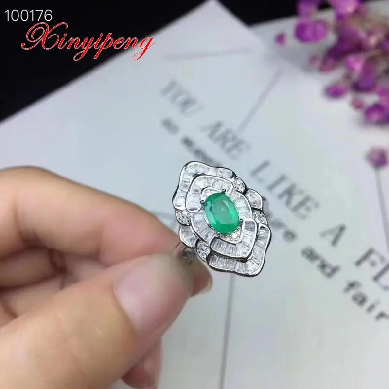 

Xin yi peng 925 silver plated white gold inlaid natural emerald ring women ring style fashion