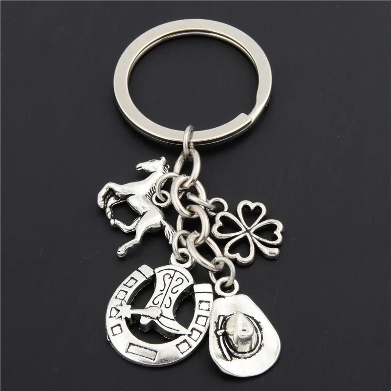 1pc Clover Charms Boot Keychain Cowboy Hat Keyring With Horseshoe Pendant Jewelry Cowboy Gift E1660