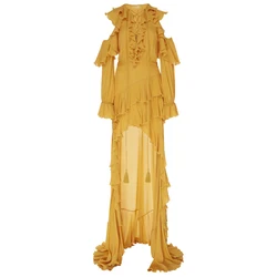 Summer Fashion High Street Women's Maxi Dress Ruffle Collar Lacing up Rope Dovetail Ruffles Stylish Designer Holiday Dress