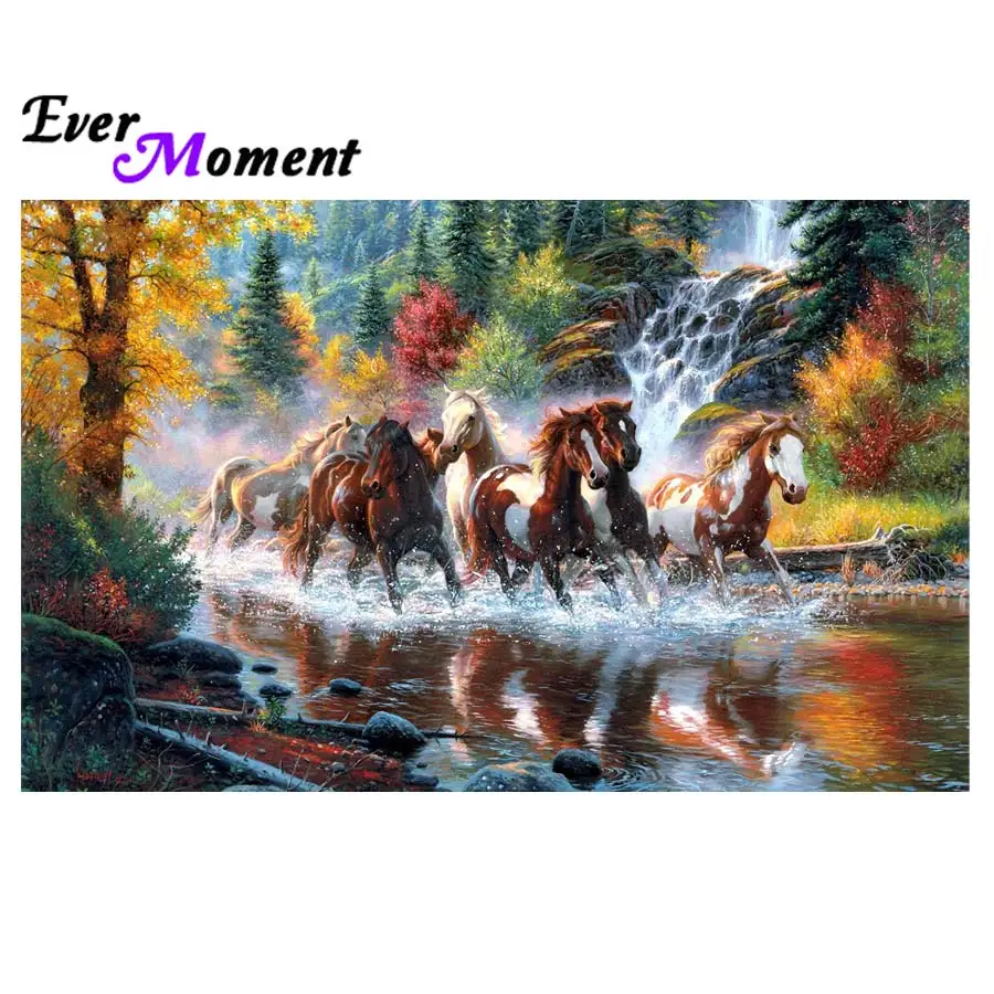 Ever Moment round diamond painting waterfall horse cross stitch diamond embroidery wall painting animal for living room ASF797