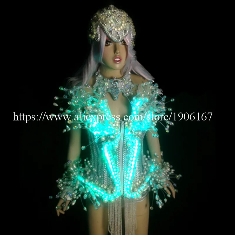 

LED Luminous Light Emitting Sexy Women Suit Clothes With Headwear Led Crystal Nightclub Stage Show Performance DS Costume