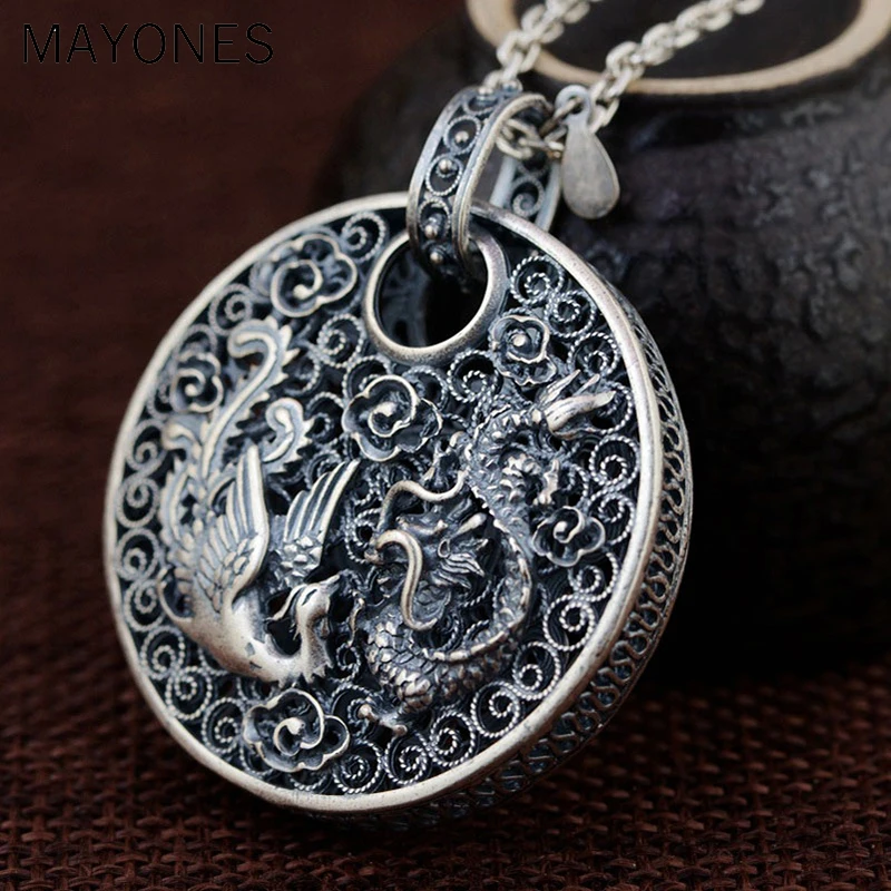 Real 925 Silver Phoenix Pendant Dragon Animal Good Luck 100% Pure S990 Solid Thai Silver Pendants for Women Men Jewelry Making