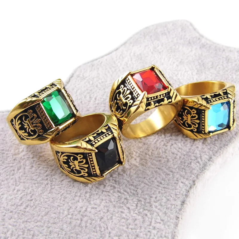 Brand Jewelry Vintage Antique Gold Color Crystal Ring For Men Stainless Steel Big Square Stone Finger Ring Male Men Jewelry