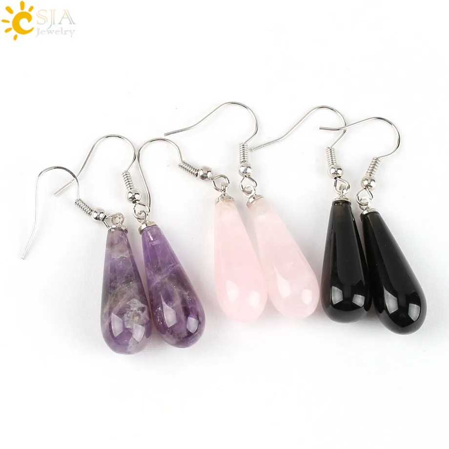 CSJA Summer Women Jewelry Natural Reiki Chakra Gem Stone Beads Pendant Water Drop Dangle Earring Pink Purple Crystal E110