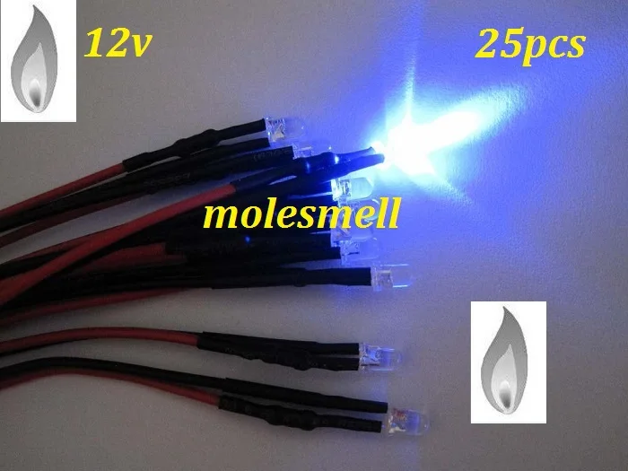 

Free shipping 25pcs 3mm Blue Flicker 12V Pre-Wired Water Clear LED Leds Candle Light 20CM