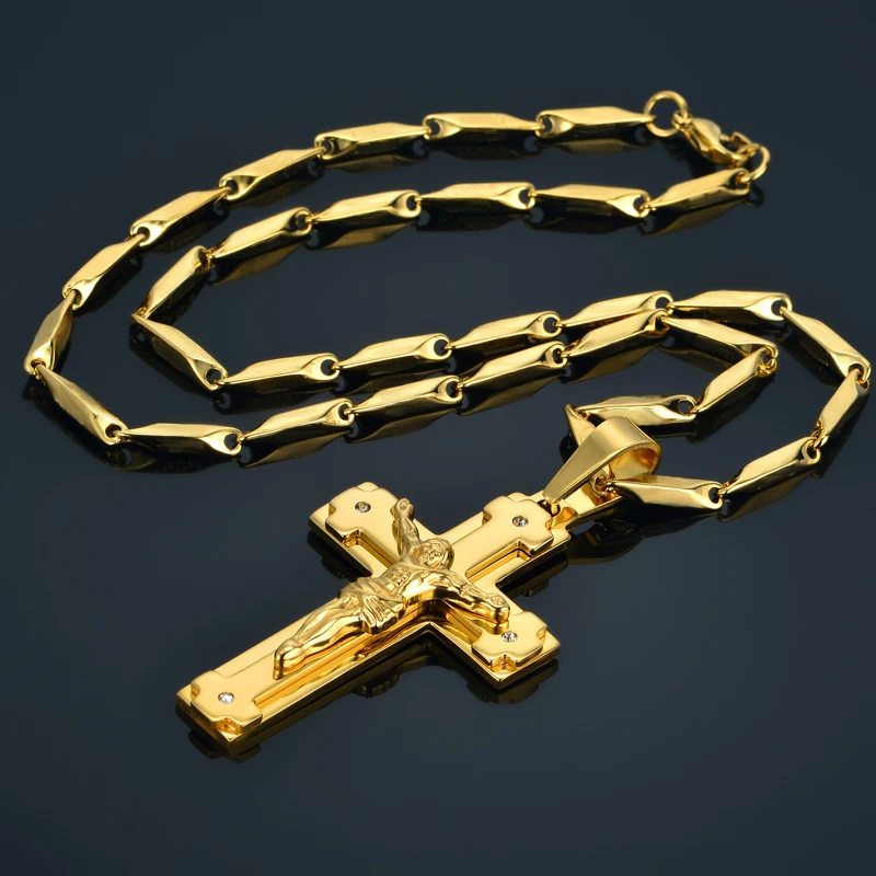 Big Stainless Steel Necklace Chain 4 Size Gold Color Christian Jewelry Jesus Crucifix Men\'s Cross Pendant Necklace For Men xl999