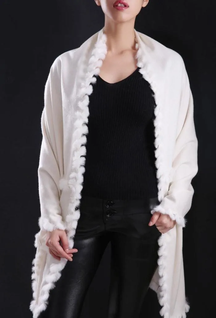 white scarf with fur Luxury Pure 100% Cashmere with natural rex rabbit fur trim, female lady warm spring autumn S1509