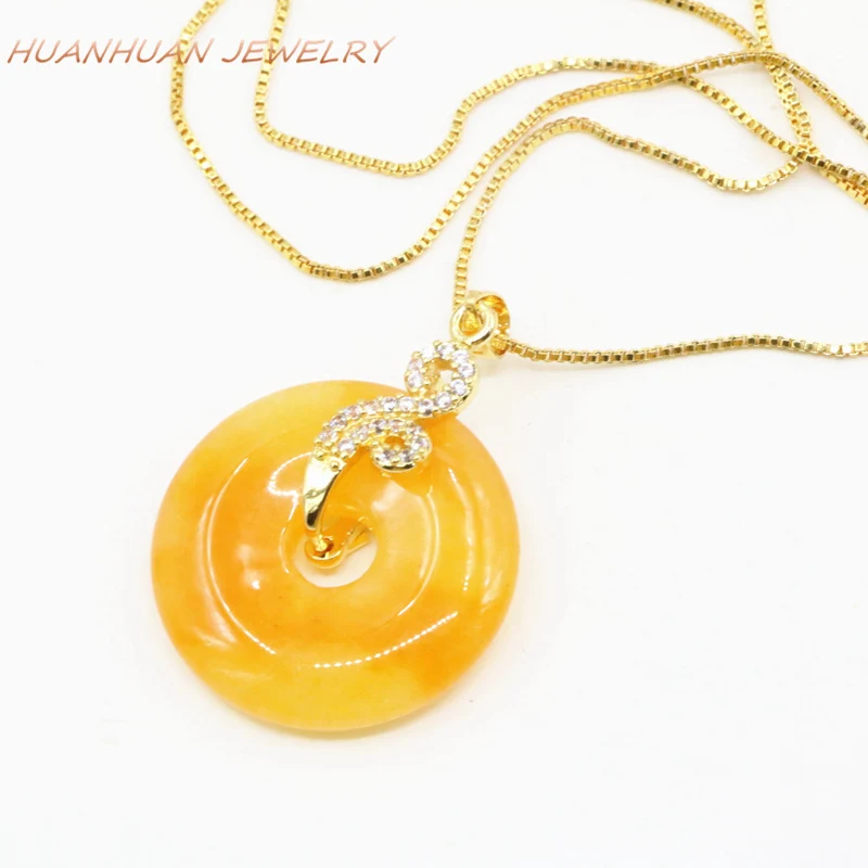 Lucky 25mm Women Pendant Chain Yellow Natural Stone Jades Chalcedony Reiki Pendulum Round Circle Pendants Amulet Jewelry B3352