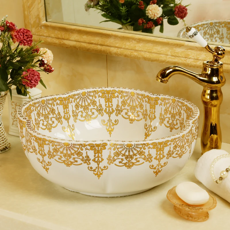 Chinese Cloakroom Counter Top porcelain wash basin bathroom sinks ceramic art countertop washbasin flower