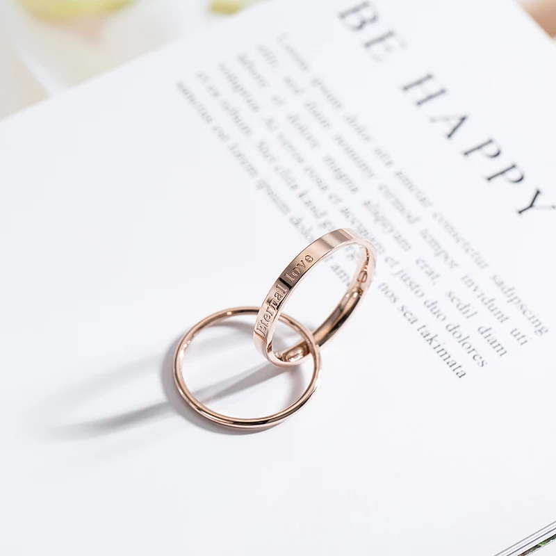 YUN RUO Letters Double Circle Ring Rose Gold Color Fashion Titanium Steel Jewelry Wedding Gift Woman Never Fade High Quality