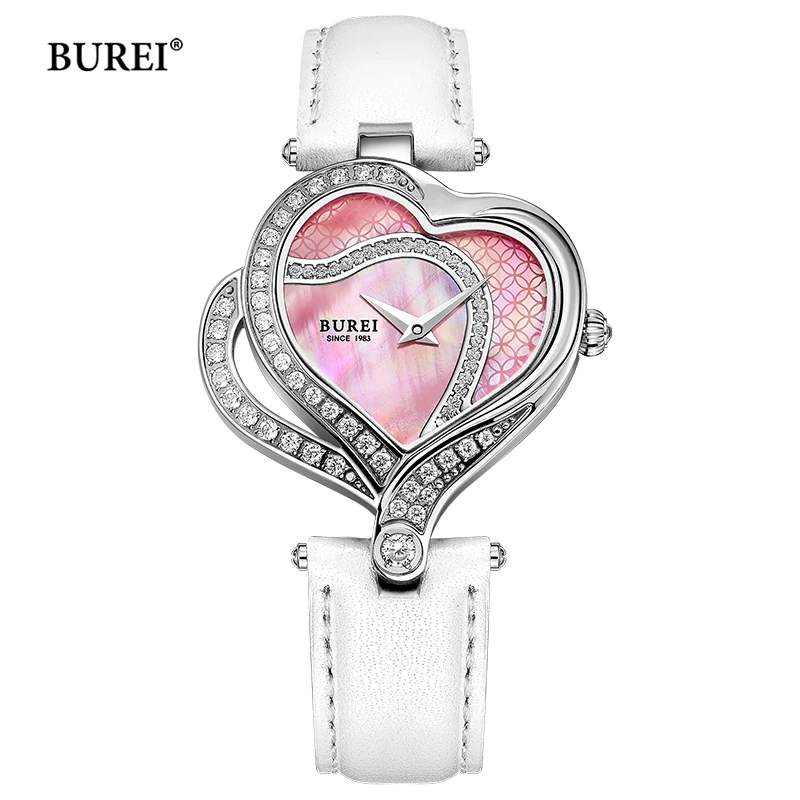 BUREI Brand Ladies Fashion Heart Watch Woman Waterproof Luxury Casual Leather Bracelet Quartz Wristwatches for Women Reloj Mujer