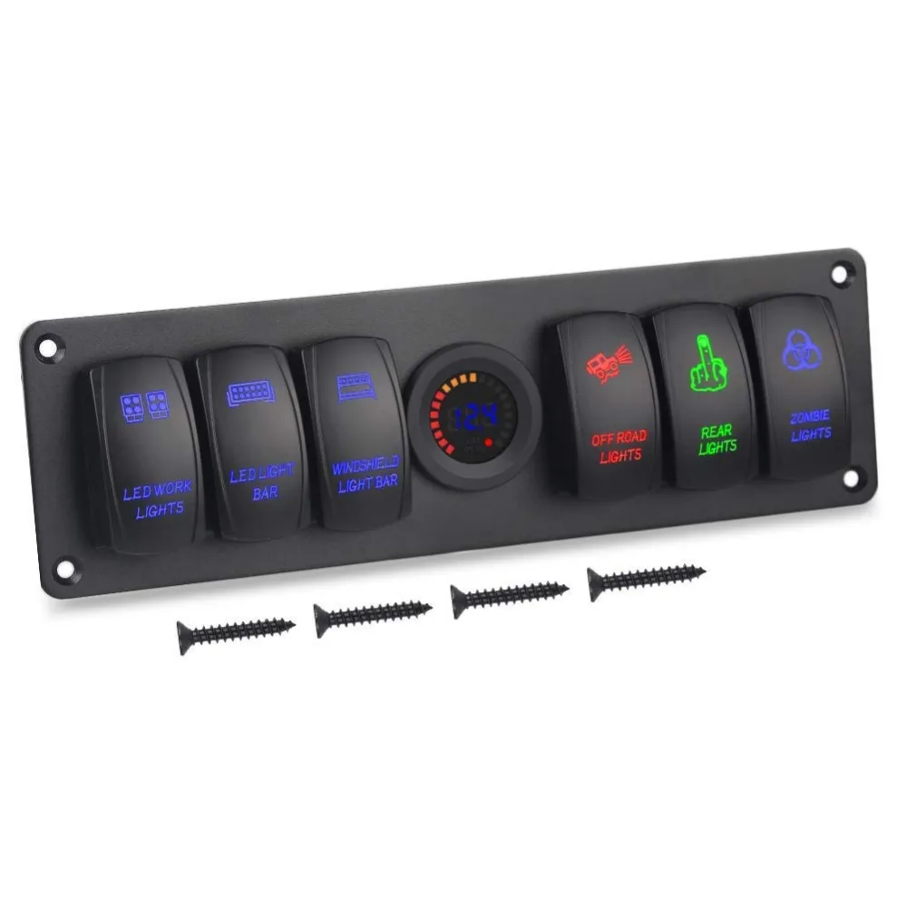 6 Gang Marine Ignition Toggle Rocker Switch Panel Waterproof with 12V LED Digital Colorful Voltmeter for RV Car Boat Vehicle