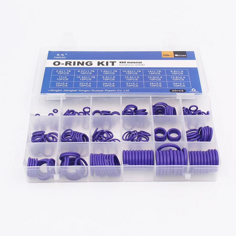 225Pcs 18Sizes O Rings Rubber O Ring Seal Purple NBR Oring Nitrile Washer Sealing O-Rings Assortment Kit O-Ring Set Gasket Box
