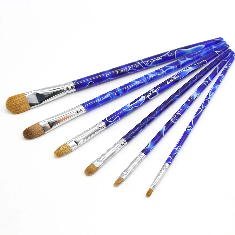 

6 pcs Set Blue Acrylic Handle Filbert Weasel Hair Brushes Artist's Paintbrush Pen Watercolor Painting Oil Painting For Art