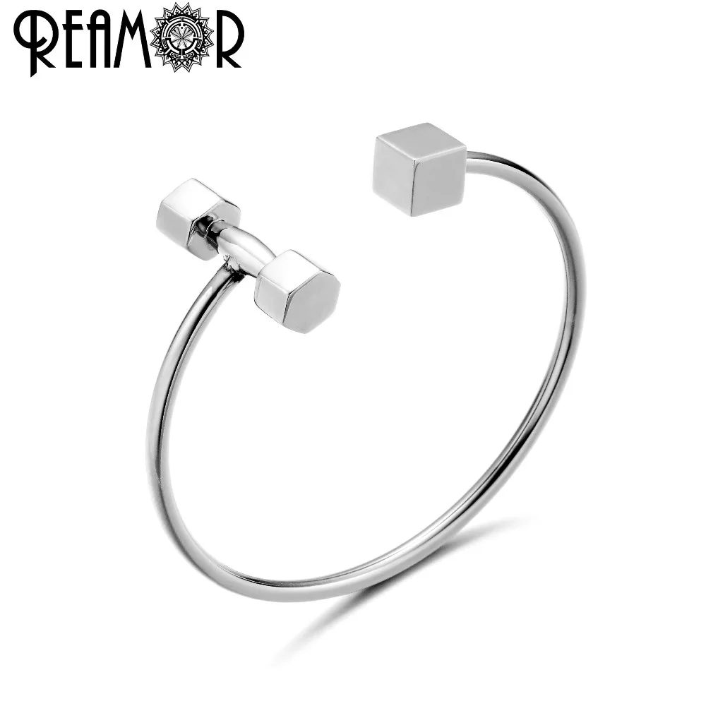 REAMOR Dumbbell Open Cuff Bangle Stainless Steel Sport Bracelets For Male Jewelry High Quality Men Cuff Charms Bangles Gifts