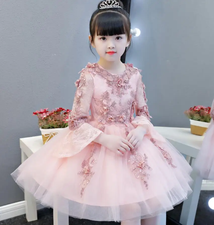 

Glizt Pink Tulle Flower Girl Dresses For Wedding Flare Sleeve Kid Appliques Wedding Gown Girl Party First Communion Dresses