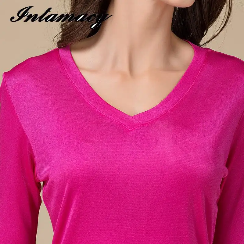 100%  Silk Knitted Double Sided Female V Collar Long Sleeve Bottoming Shirt, silk Long sleeve T-shirt