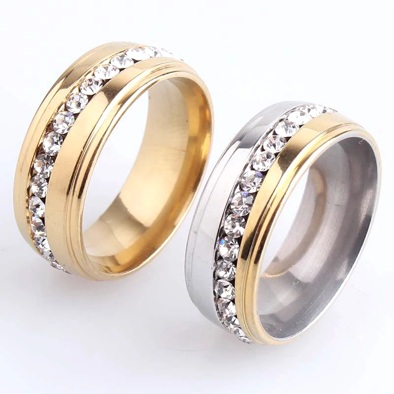 8mm gold color silver color oblique single row crystal  Stainless Steel wedding rings for men women wholesale