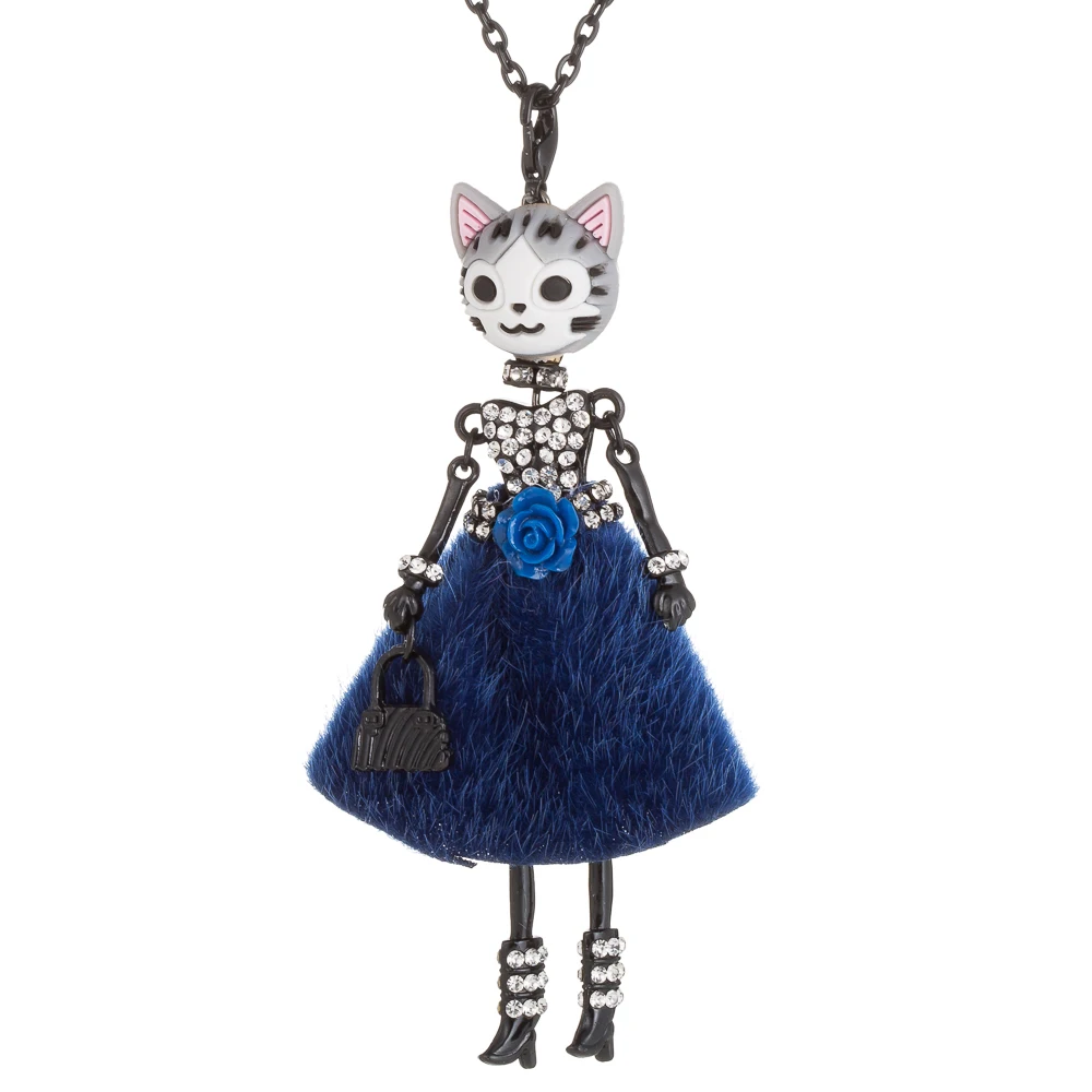 Lovely Flower Dress Cat Head Doll Pendant Necklace Rhinestone Princess Doll Long Chain Choker Necklace For Women Fashion Jewelry