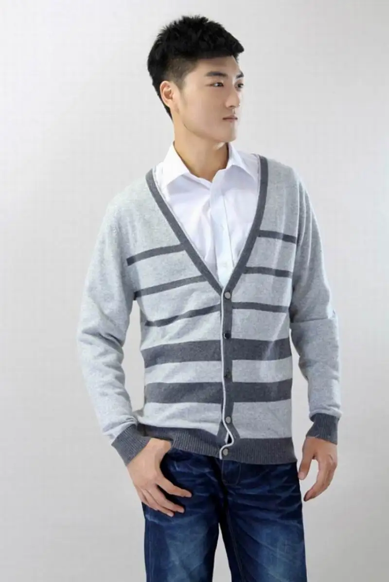 Cashmere Sweater Men 's Cardigan V neck Gray Striped Fashion Style High Quality Natural fabric Free shipping Stock Clearance