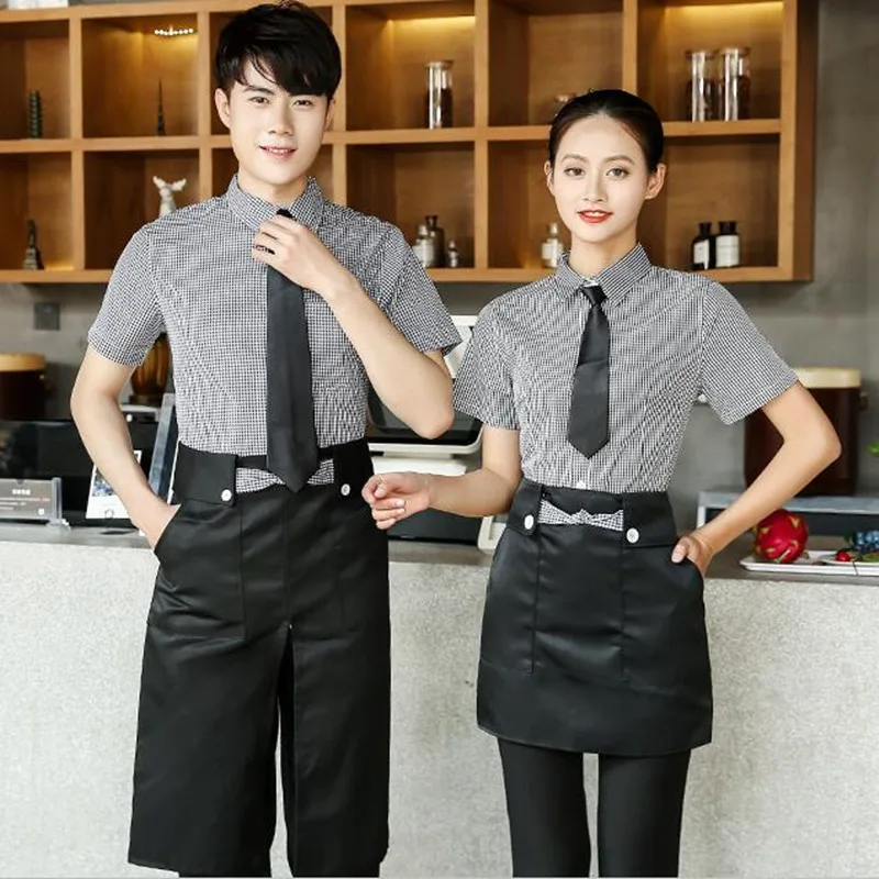 Fast Food Shop Restaurant Workwear Summer Female Waitress Catering Overalls Shirt Waiter Short Sleeve Hotel Uniform Coat H2235