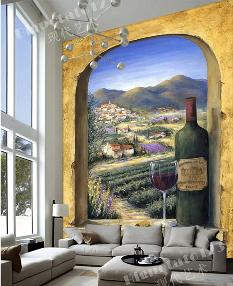 Custom 3D large mural,fan round out rural scenery wine cup papel de parede,living room sofa TV wall  bedroom wall paper