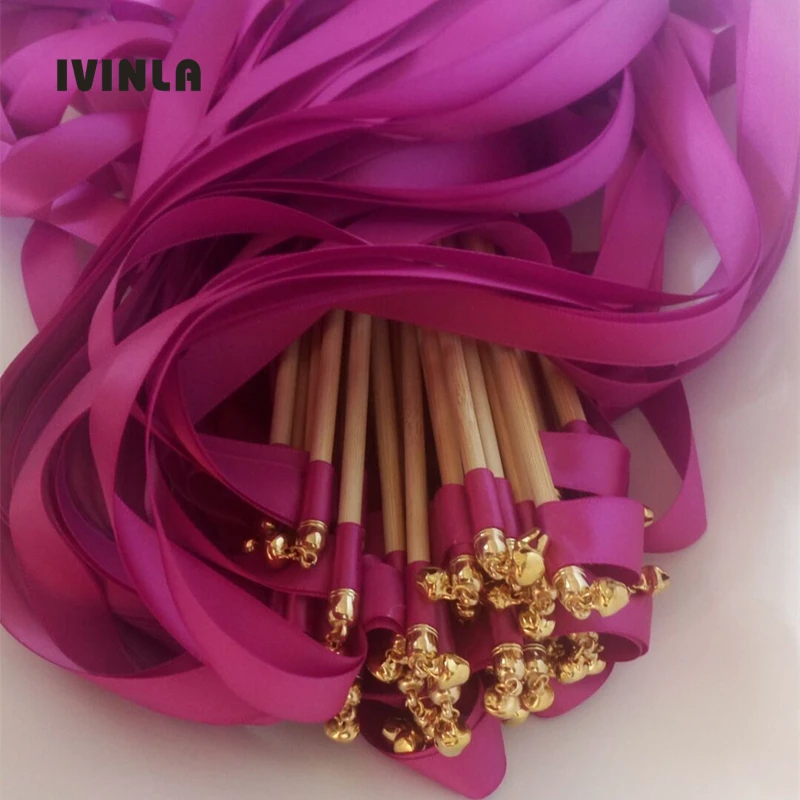 Newest 50pcs/lot Fushia ribbon wedding stick wands With gold Bells for wedding decoration