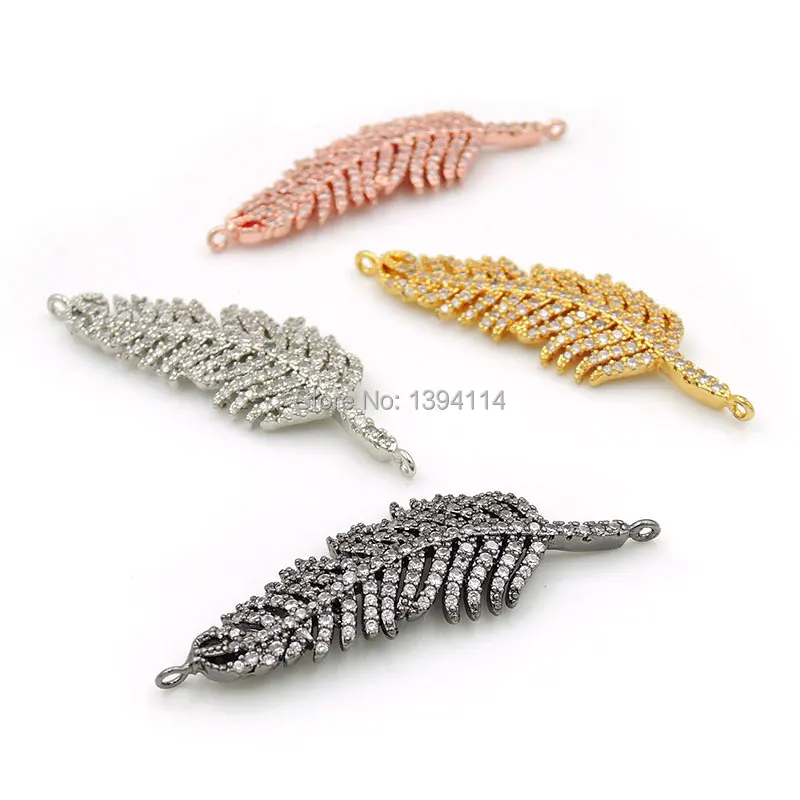 44*20*2mm Micro Pave Clear CZ Feather Connector Fit For Women As DIY Bracelets Accessory