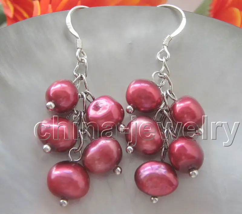 

Beautiful 8-9mm purple red baroque freshwater pearl earring - silver hook ^^@^Noble style Natural Fine jewe FREE SHIPPING