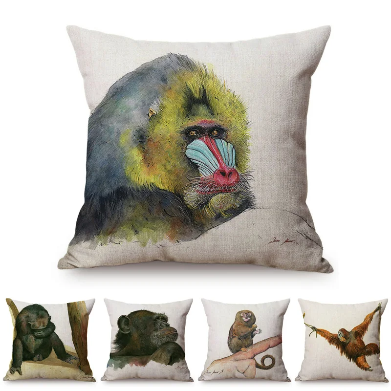 2021 Watercolor Monkey Ape Throw Pillow Cover Cute Animal Play For Baby Room Decorative Linen Cotton Sofa Chair Cushion Cover