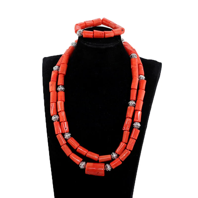 Big Original Coral Beads Quality Real Coral Men Bead Jewelry African Wedding Jewelry Set Groom Necklace Bracelet Set ABH779