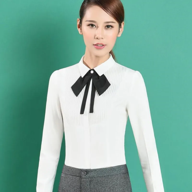 New Spring Elegant Bow Tie Women White Shirt OL Formal Slim Long-Sleeve Chiffon Blouses Office Ladies  Work Wear Tops