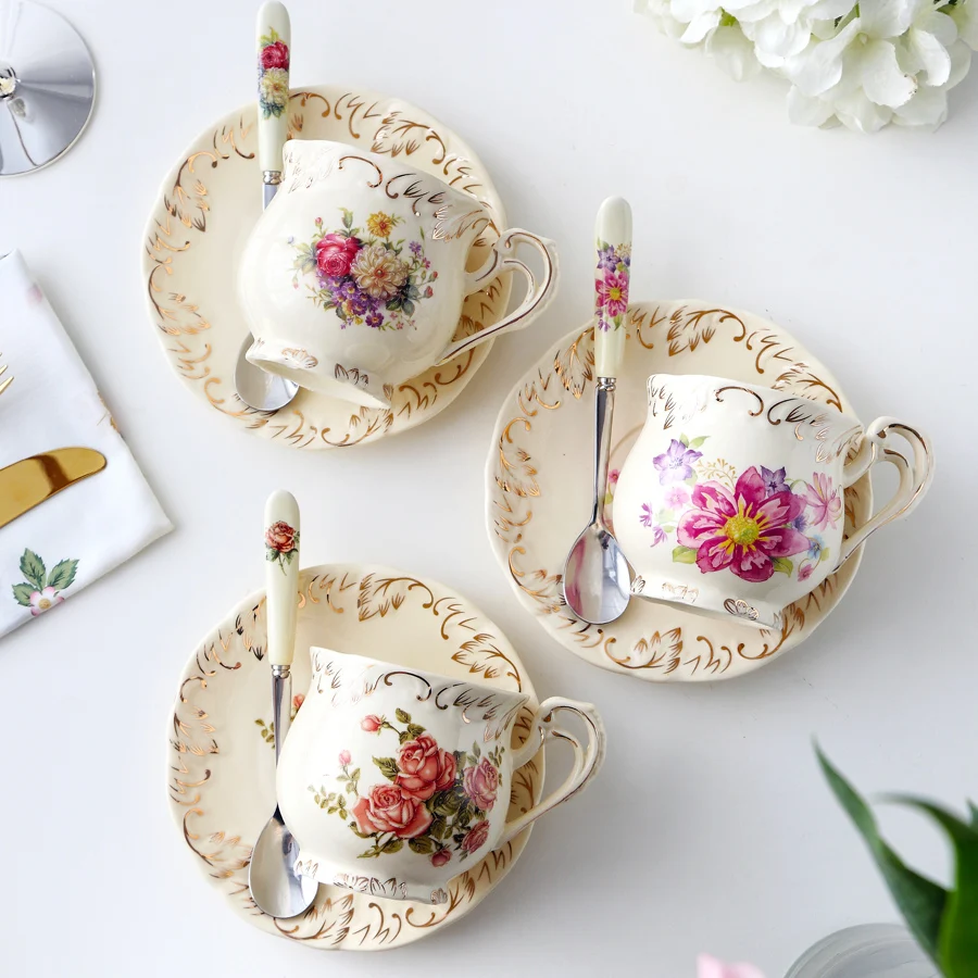 MUZITY European Style Ceramic Tea Cup And Saucer Porcelain Coffee Cup Set With Stainless Spoon Rose Design