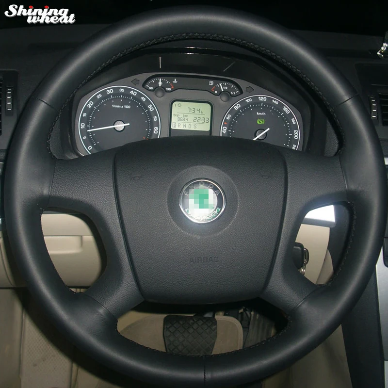 Shining wheat Hand-stitched Black Leather Steering Wheel Cover for Old Skoda Octavia Skoda Fabia