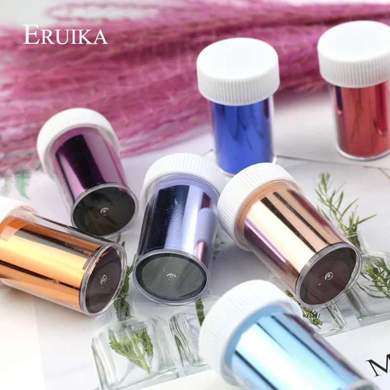 ERUIKA-rollo de láminas metálicas para uñas, pegatinas de flores metálicas, papel estrellado, calcomanías adhesivas de transferencia encantadoras, accesorio de bricolaje para uñas, 1 rollo