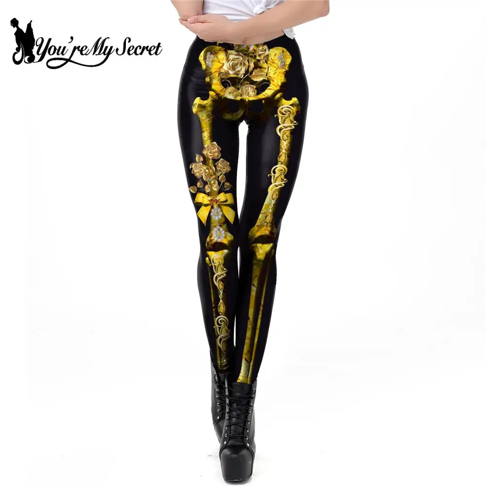 

[You're My Secret] New Leggings For Fitness Gold Skeleton Gothic Legging Mid Waist Female Trousers High Elastic PUSH UP Leggins