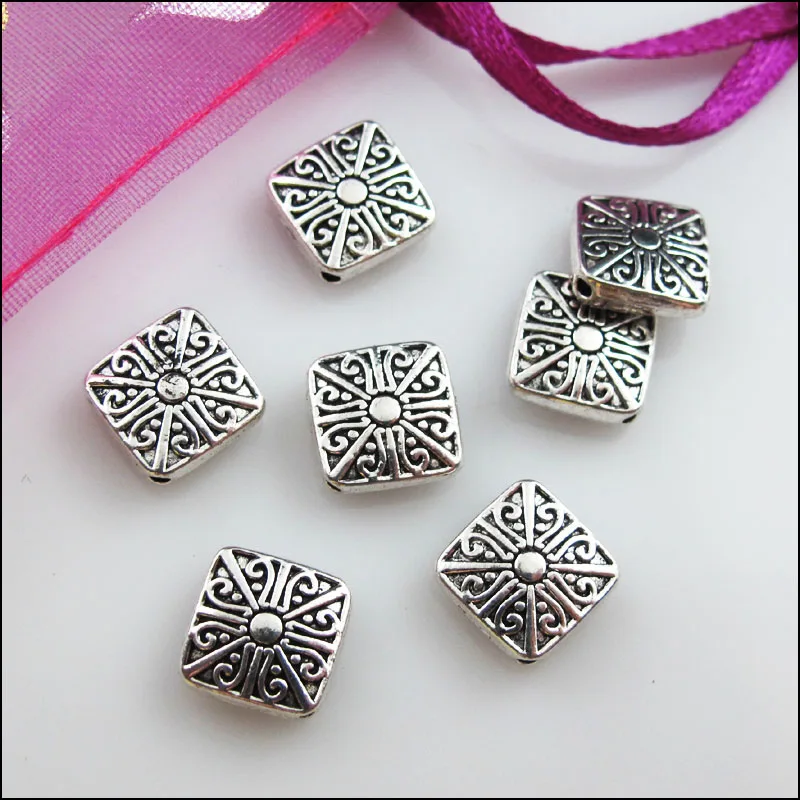 18Pcs Tibetan Silver Color Flower Square Spacer Beads Charms 10mm