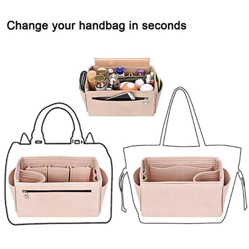 HHYUKIMI Multifunction Felt Cosmetic Bag Handbag Organizer Insert Travel Inner Purse Makeup Organizers Fit Various Brand Bags