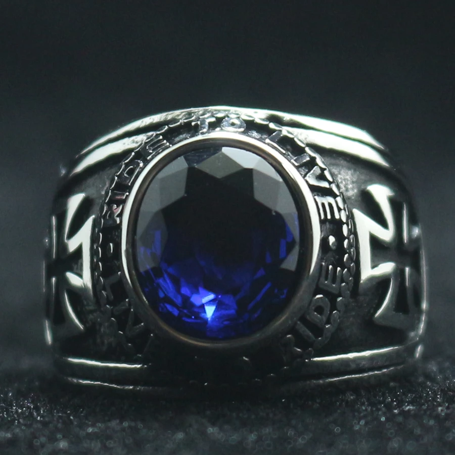 Unisex 316L Stainless Steel Cool Ride To Live, Live To Live Cross Blue Stone Rider Ring