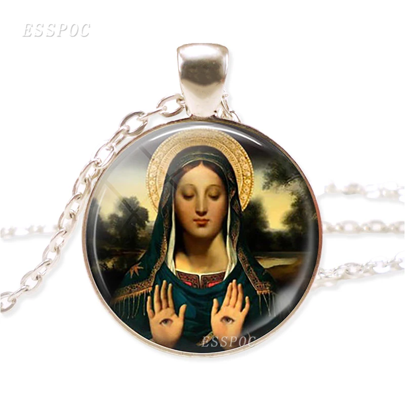 Saint Lucy Patron Saint of Eyesight Pendant Necklace Religious Jewelry Women Fashion Glass Cabochon Necklace Gift for Women