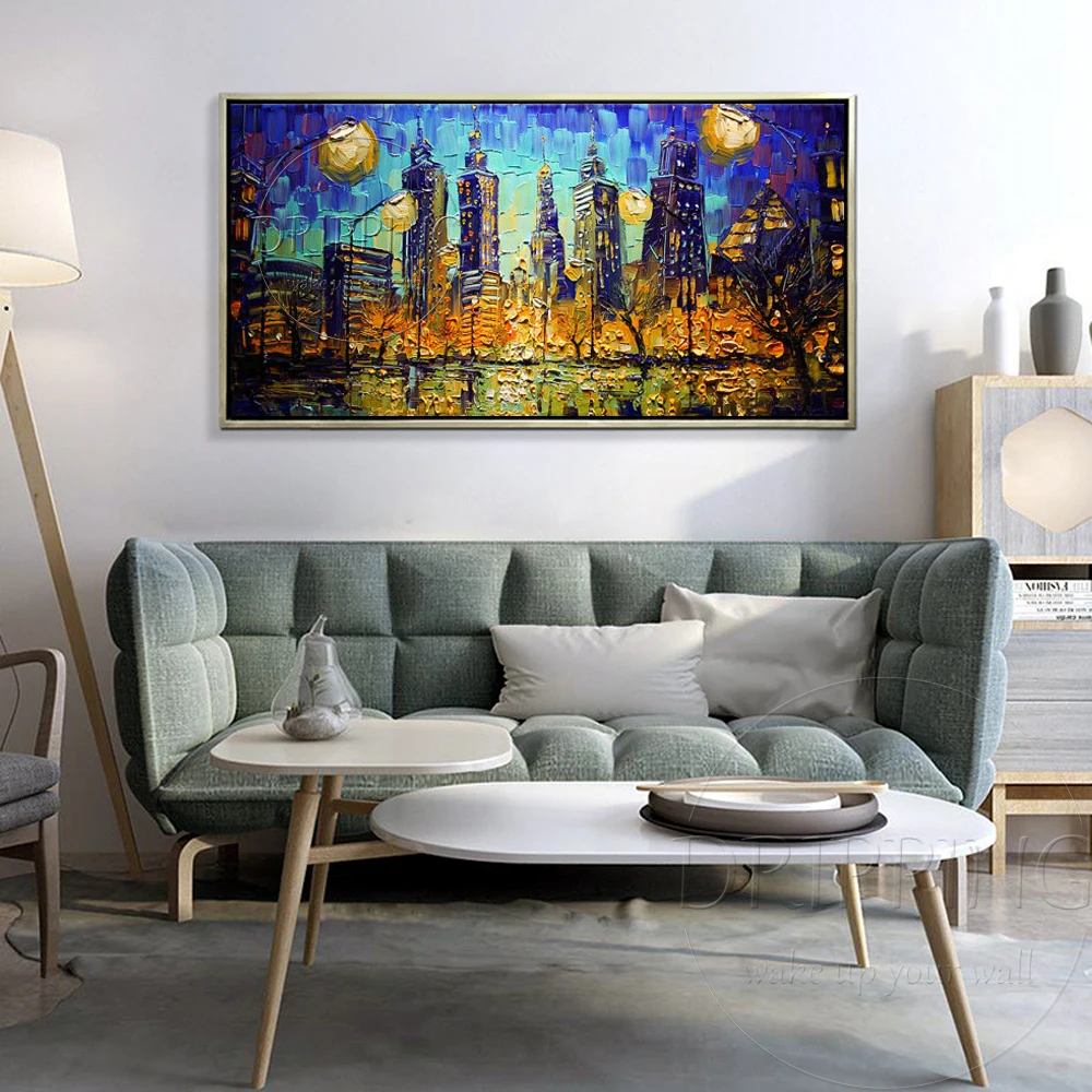 Painter Hand-painted High Quality Abstract Chicago Night Cityscape Oil Painting on Canvas Chicago Skyscrapers Oil Painting