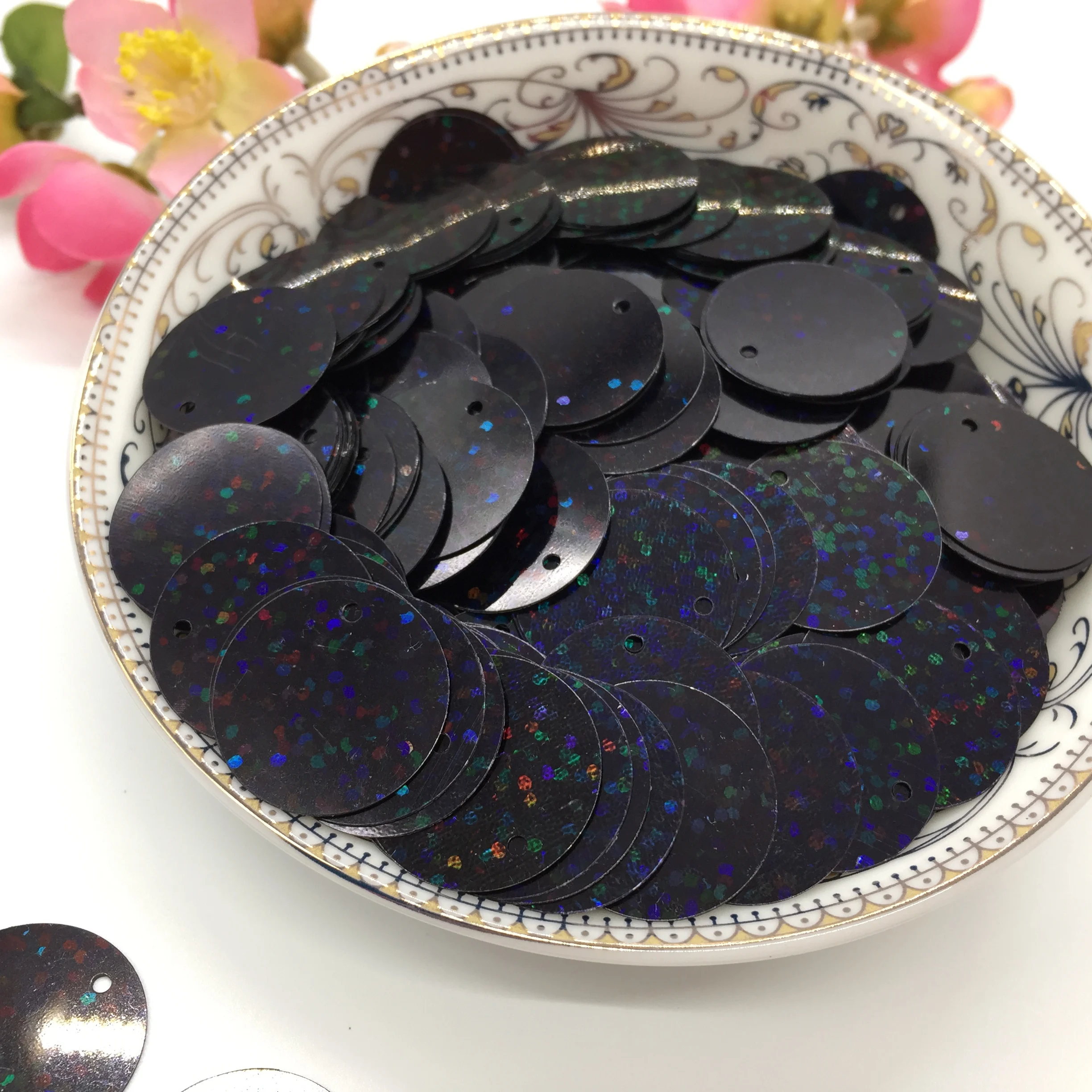 360Pcs Besar Bulat Payet PVC 20Mm Datar Bulat Paillette Hologram Aksesoris dengan 1 Sisi Lubang Laser Hitam