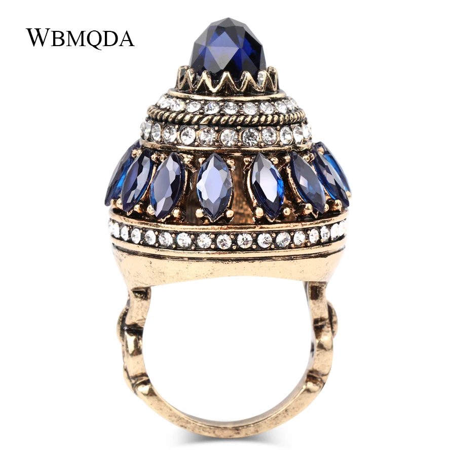 Luxury Natural Stone Crystal Crown Ring Boho Big Gold Tower Rings For Women Wedding Accessories Vintage Turkish Indian Jewelry