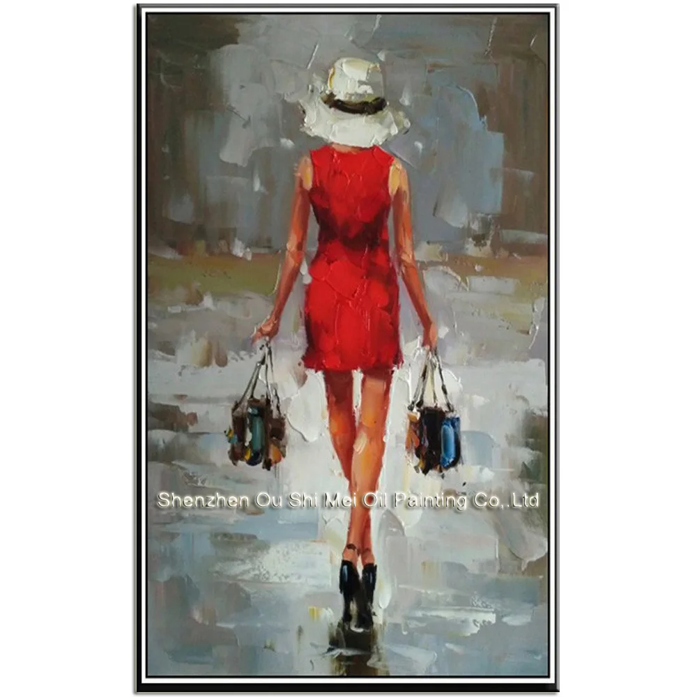 

Hand Painted Red Dress Woman's Figure Shopping Oil Paintings Impression Character Painting on Canvas For Living Room Decor Art