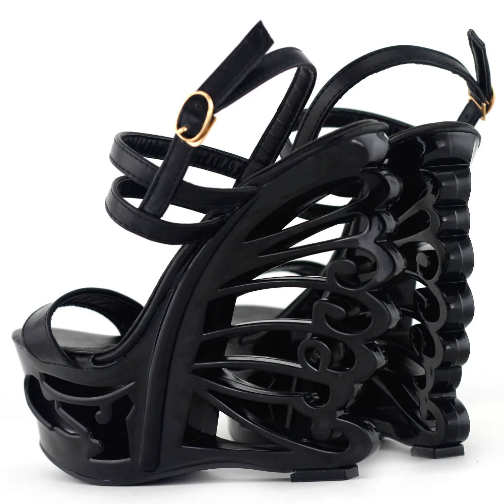 LF51801 Black/White Strappy Bride Wedding Wedge Butterfly Heel Sandals